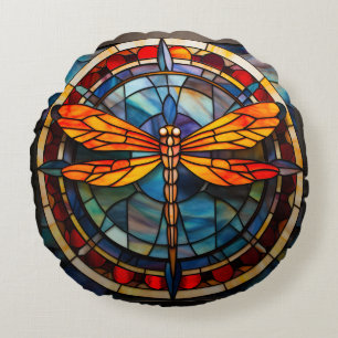 dragonfly stained glass round pillow