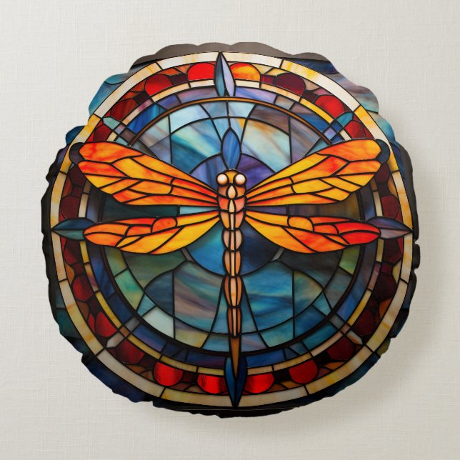 dragonfly stained glass round pillow (Front)