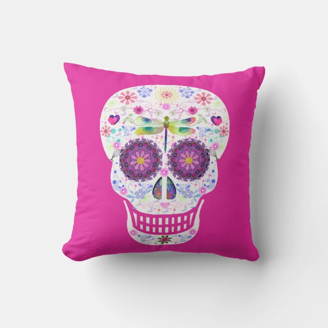 Dragonfly Sugar Skull Throw Pillow (Front)