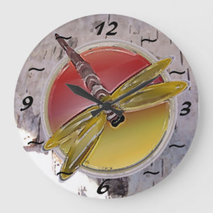 Dragonfly Symbol on Birch Bark Large Clock