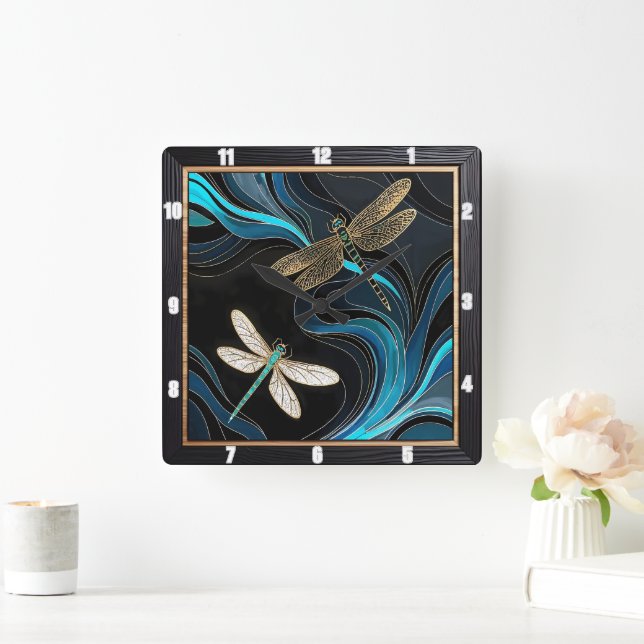 Dragonfly Teal Abstract  Square Wall Clock (Home)