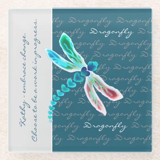 Dragonfly (Teal) - Personalized Glass Coaster (Front)
