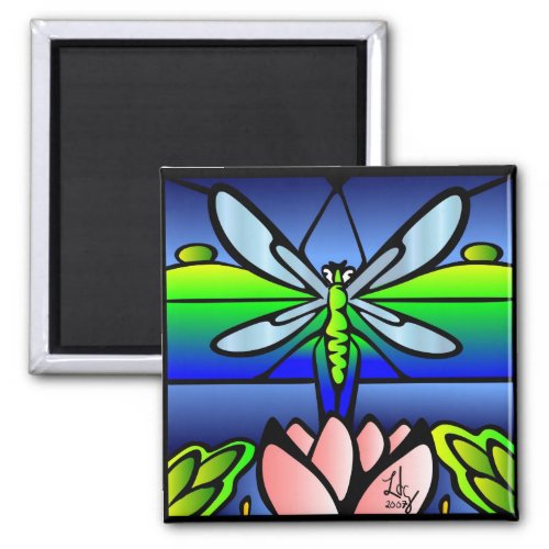 Dragonfly Tiffany Style Square Magnet