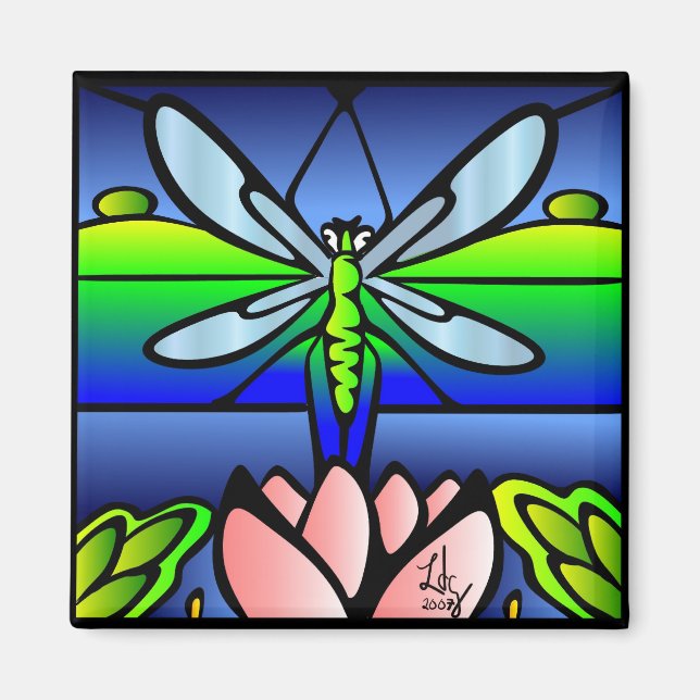 Dragonfly Tiffany Style Square Magnet (Front)