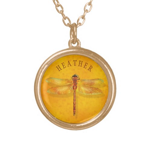 Dragonfly Trapped in Amber Sap Personalized Pretty Gold Plated Necklace
