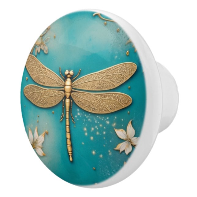 Dragonfly Turquoise Teal & Gold Faux Relief Asian Ceramic Knob (Right)