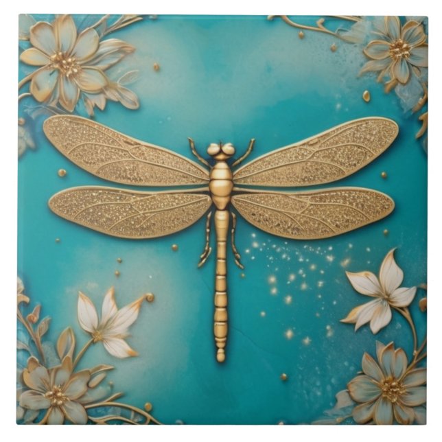 Dragonfly Turquoise Teal & Gold Faux Relief Asian Ceramic Tile (Front)