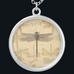 Dragonfly Vintage Antique Classic Nature Silver Plated Necklace<br><div class="desc">Vintage Dragonfly Antique image of a dragonfly - This sweet little dragonfly is  an antique image of a beautiful dragonfly,  drawn in black and white,  with a background of soft colorful dragonflies against antique paper.</div>
