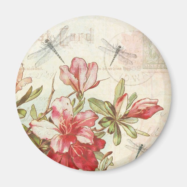 Dragonfly Vintage Floral Red Flowers Azaleas Magnet (Front)