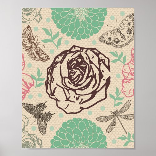 Dragonfly Vintage Rose Pattern Poster