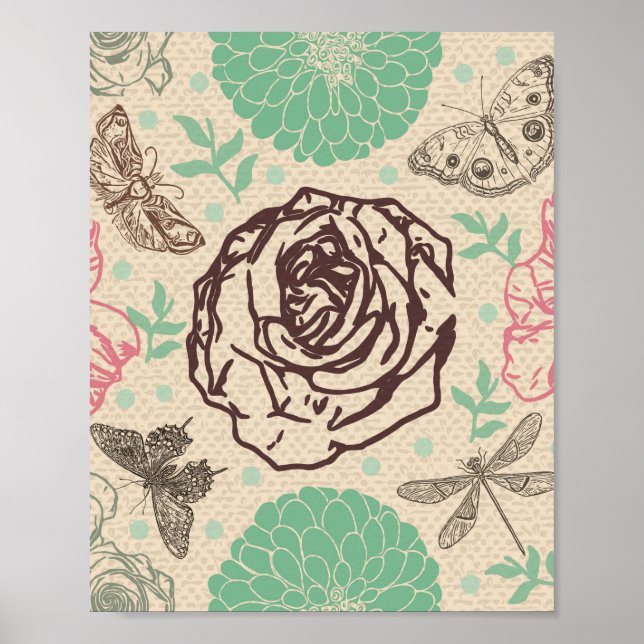 Dragonfly Vintage Rose Pattern Poster (Front)