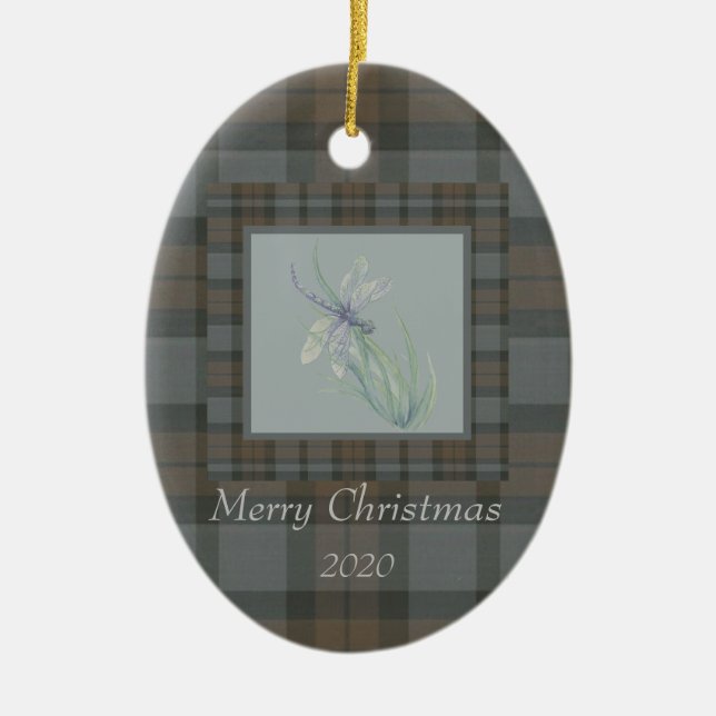 Dragonfly Watercolor Fraser Clan Tartan Christmas Ceramic Ornament (Front)