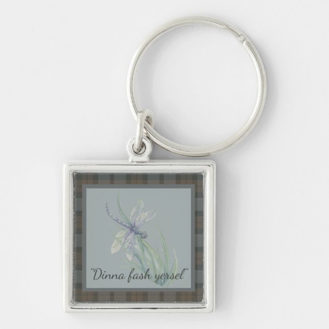 Dragonfly Watercolor Fraser Clan Tartan  Grey Blue Keychain (Front)