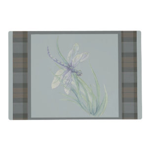 Dragonfly Watercolor Fraser Clan Tartan Grey Blue Placemat