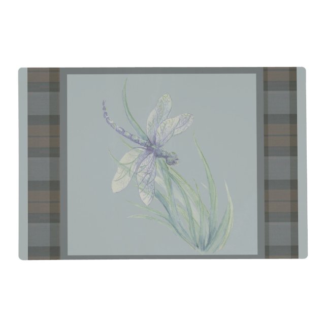 Dragonfly Watercolor Fraser Clan Tartan  Grey Blue Placemat (Front)