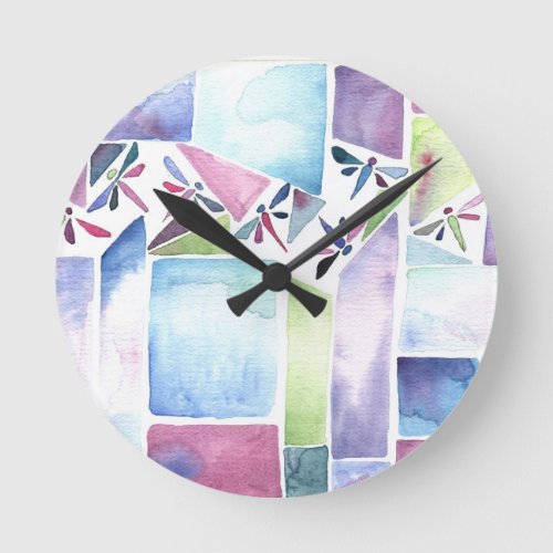 Dragonfly Watercolor Pastel Round Clock