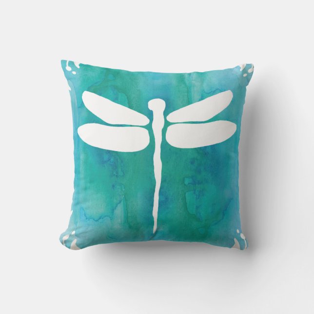 Dragonfly Watercolor White Aqua Blue Dragonflies Throw Pillow (Front)