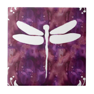Dragonfly Watercolor White Purple Red Dragonflies Ceramic Tile