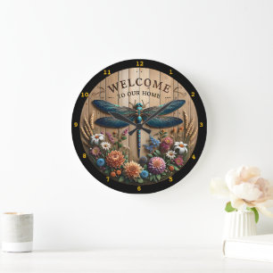 Dragonfly Welcome Floral Home Wall Large Clock