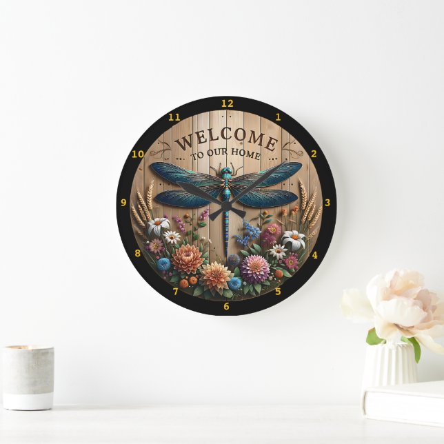 Dragonfly Welcome Floral Home Wall Large Clock (Home)