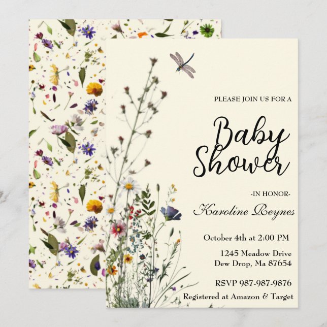 Dragonfly Wildflower Boho Baby Shower Invitation (Front/Back)