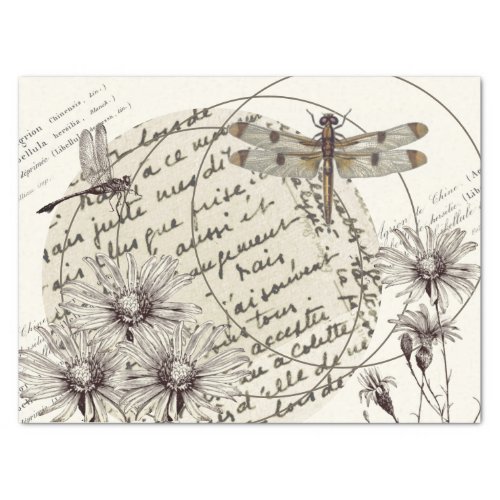 Dragonfly Wildflower Circle French Words Decoupage Tissue Paper