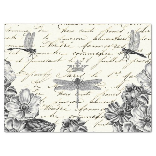 Dragonfly Wildflower French Script Decoupage Crown Tissue Paper