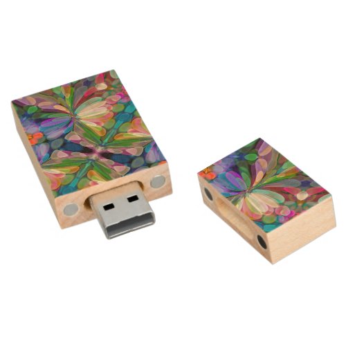 Dragonfly Wildflower Garden Abstract Floral Wood Flash Drive