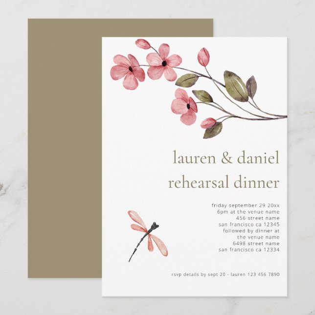 Dragonfly Wildflower Wedding Rehearsal Dinner  Invitation (Front/Back)