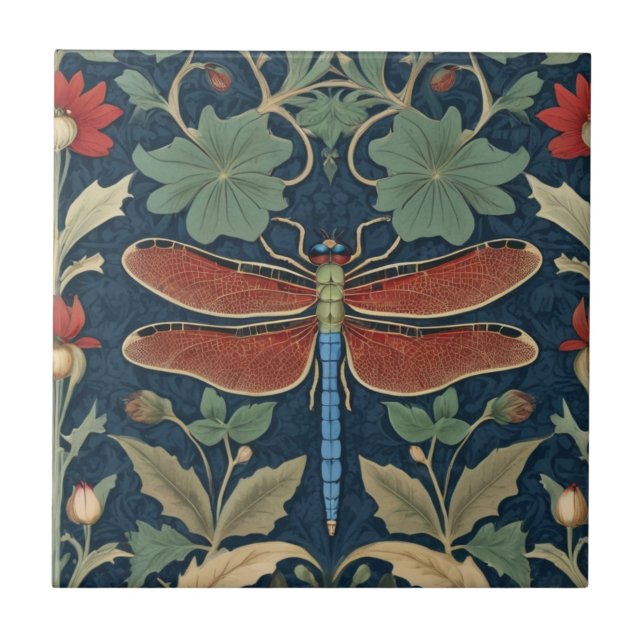 Dragonfly William Morris style Blue & Red Floral Ceramic Tile (Front)