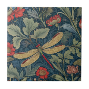Dragonfly William Morris style Left side Vintage Ceramic Tile