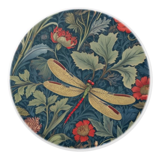 Dragonfly William Morris style Right side Vintage Ceramic Knob (Front)