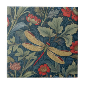 Dragonfly William Morris style Right side Vintage Ceramic Tile
