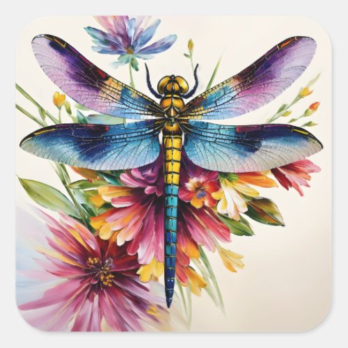 Dragonfly With Flowers Multicolor Art Square Sticker