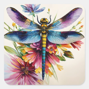 Dragonfly With Flowers Multicolor Art Square Sticker