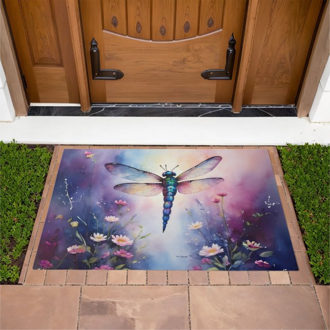 Dragonfly with Flowers Purple Watercolor Doormat (Outdoor)