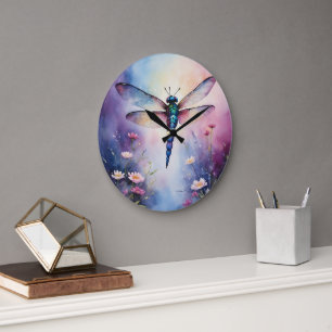 Dragonfly with Flowers Purple Watercolor Large Clock