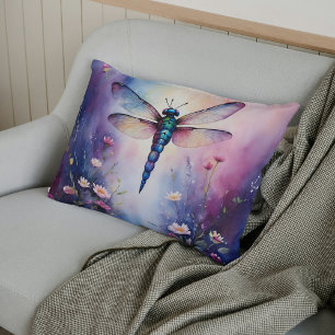 Dragonfly with Flowers Purple Watercolor Lumbar Pillow