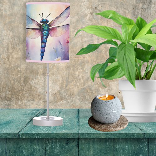 Dragonfly with Flowers Purple Watercolor Table Lamp