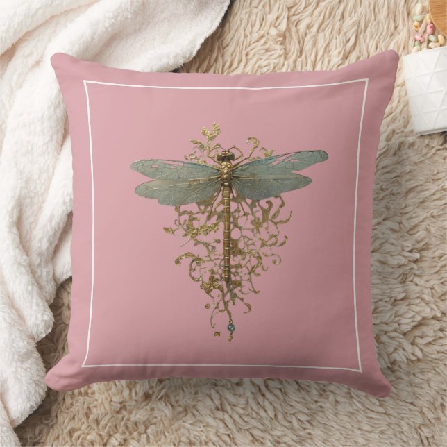 Dragonfly with Gold Filigree White Border Throw Pillow (Blanket)