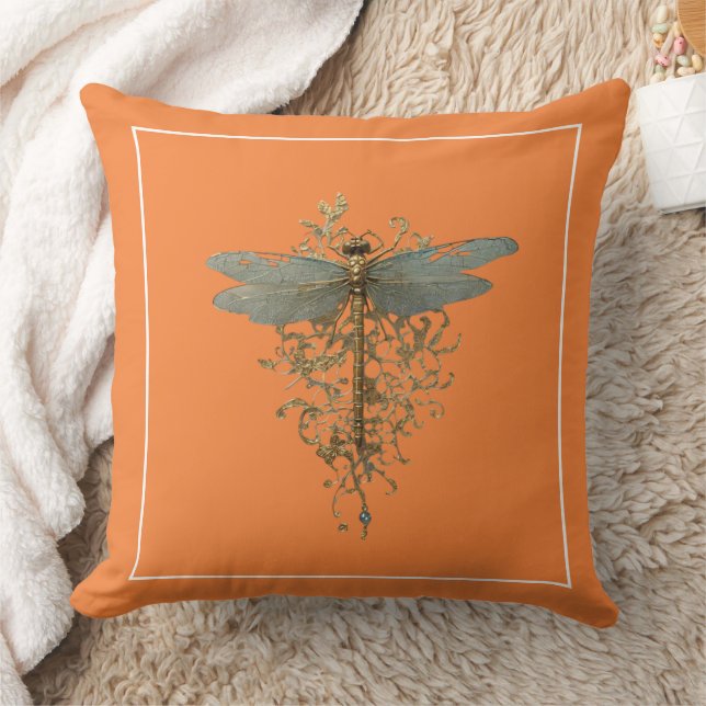Dragonfly with Gold Filigree White Border Throw Pillow (Blanket)