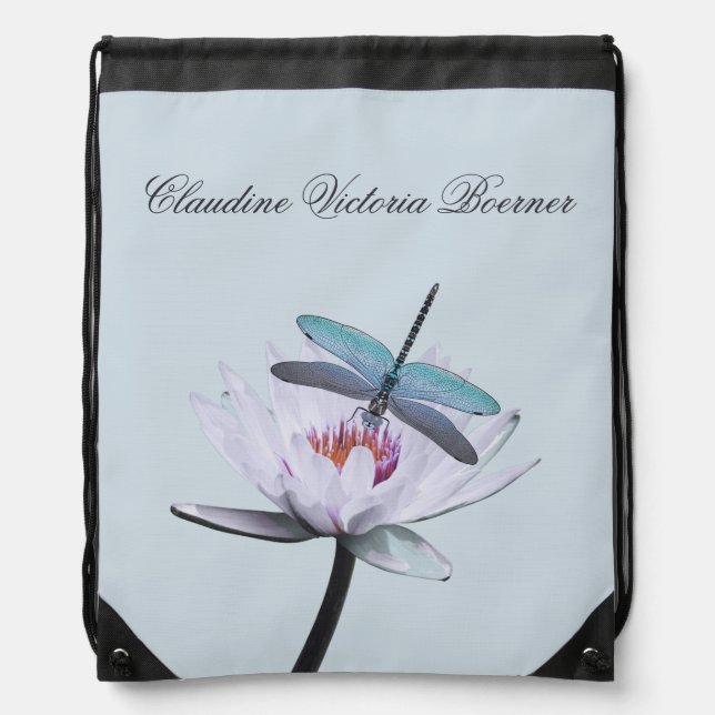 Dragonfly with Water Lily Drawstring Bag (Front)