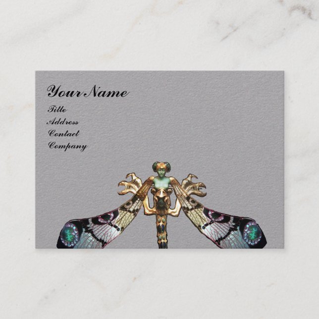 DRAGONFLY WOMAN FANTASY  JEWEL Grey White Business Card (Front)