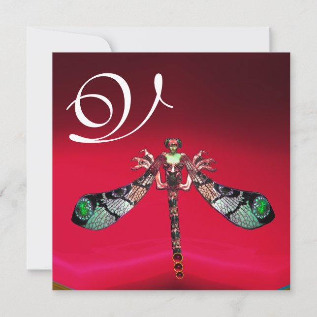 DRAGONFLY WOMAN  MONOGRAM, red burgundy gold Invitation (Front)
