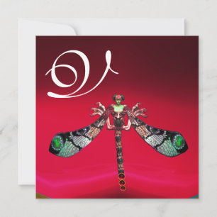 DRAGONFLY WOMAN MONOGRAM, red burgundy gold Invitation