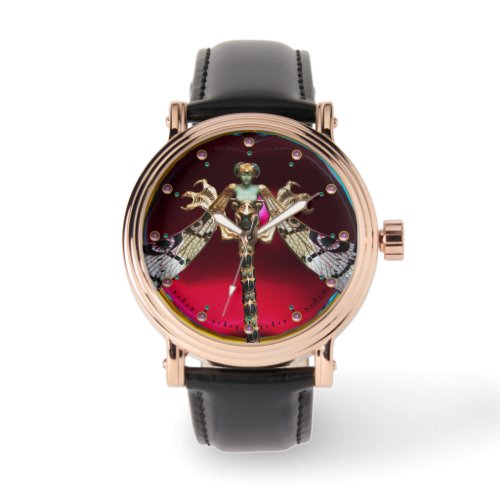 DRAGONFLY WOMAN WITH PINK GEMSTONES Red Burgundy Watch
