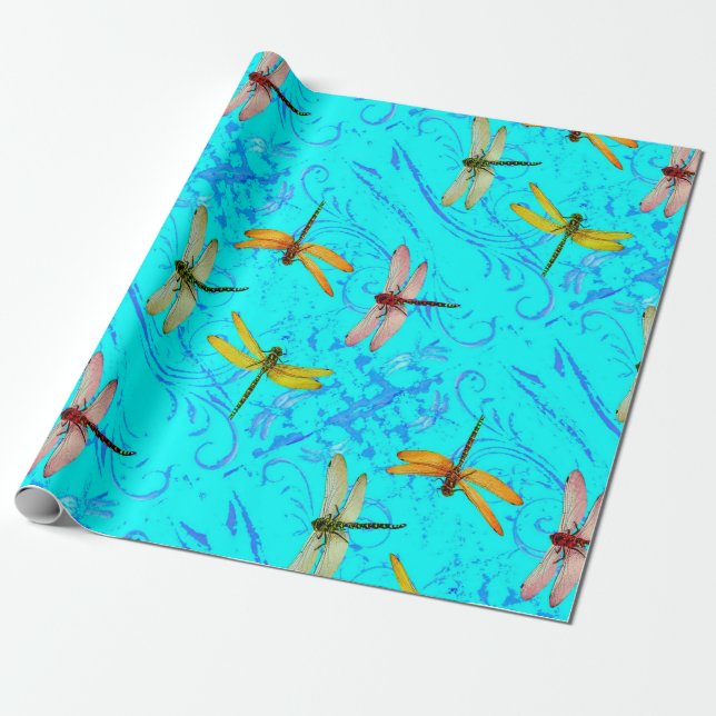 DRAGONFLY WORLD IN BLUE ABSTRACT  DESIGN WRAPPING PAPER (Unrolled)