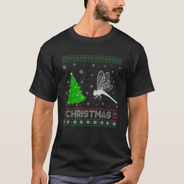 Dragonfly Xmas Tree Lighting Ugly Christmas Sweate T-Shirt (Front)