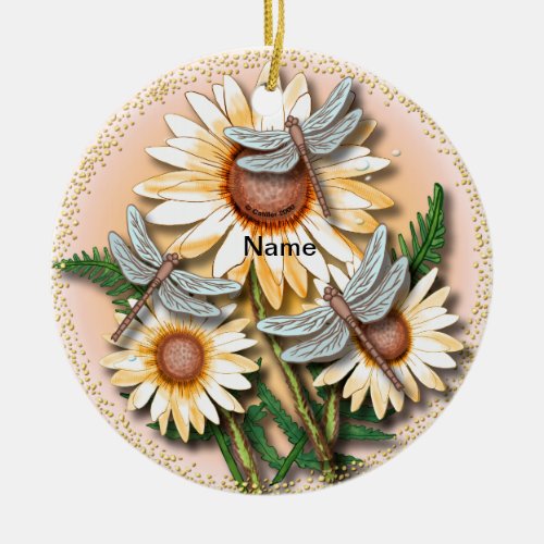 Dragonfly Yellow Daisy custom name Ceramic Ornament