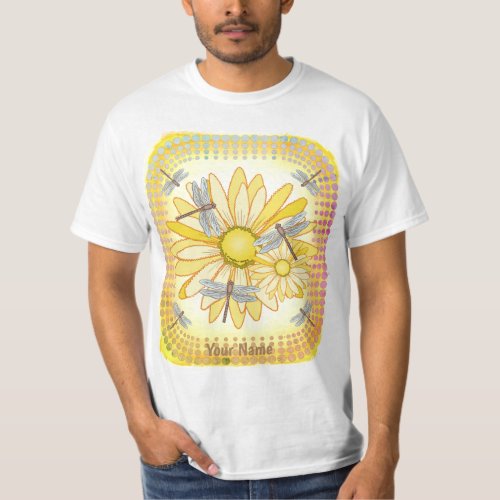 Dragonfly Yellow Daisy flowers  custom name T_Shirt